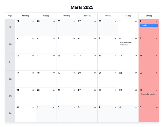forhåndsvisning af kalenderen